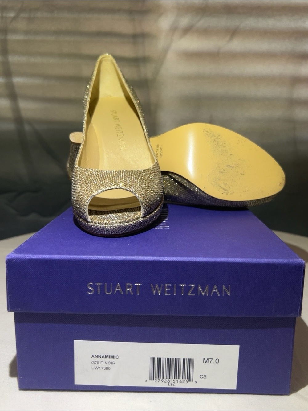 Stuart Weitzman Gold Peep-Toe Glitter Pumps